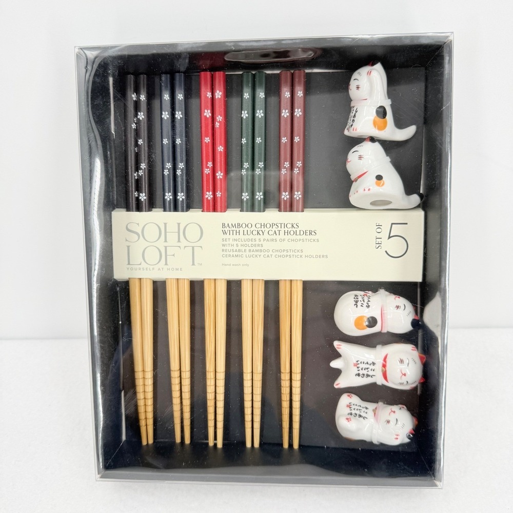 Soho Loft Bamboo Set 5 Pairs Chopsticks & 5 Ceramic Lucky Kittens Cat Holder NEW